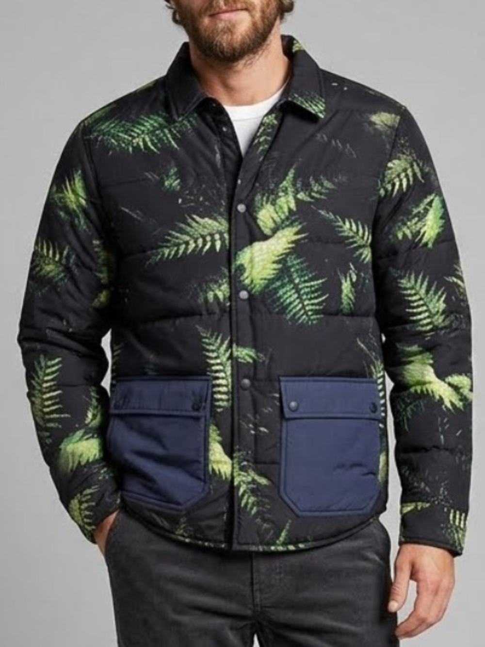 Rare Outerknown Reversible Quilted Down Shirt Jacket Mens XL Navy Fern Botanical